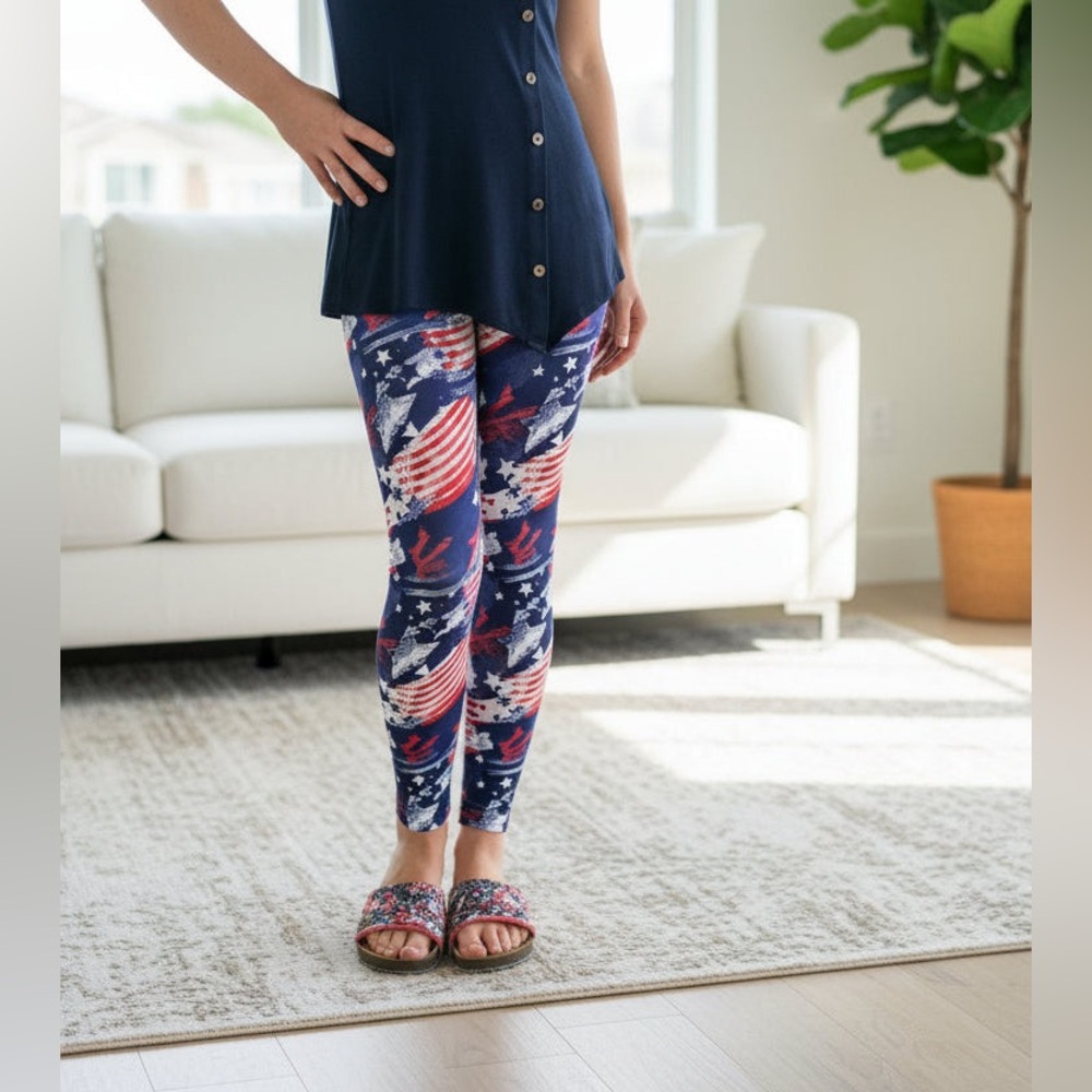 Girls NEW American Flag Leggings, 4th of July, Red White Blue Pants, Sizes S/L
